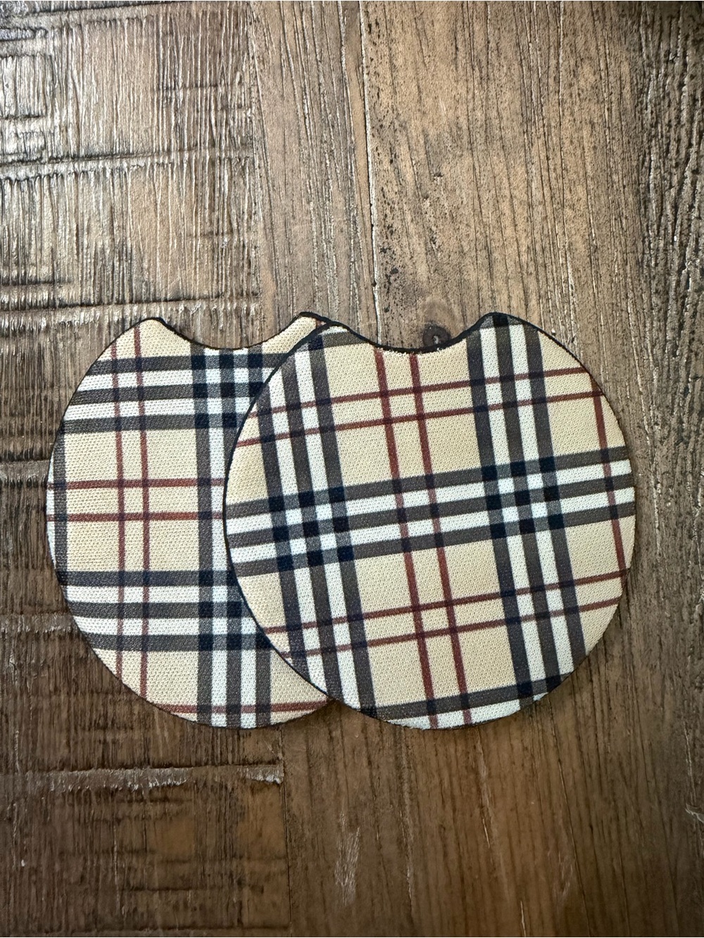 Beige Plaid Round Car Coasters - Neutral Plaid Set of 2